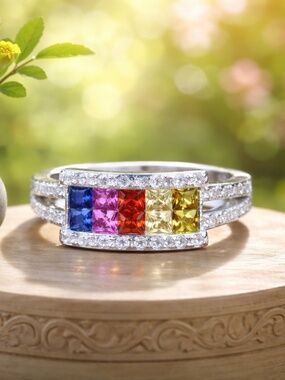 Rainbow Sapphire Ring, Sterling Silver Anniversary Gift
